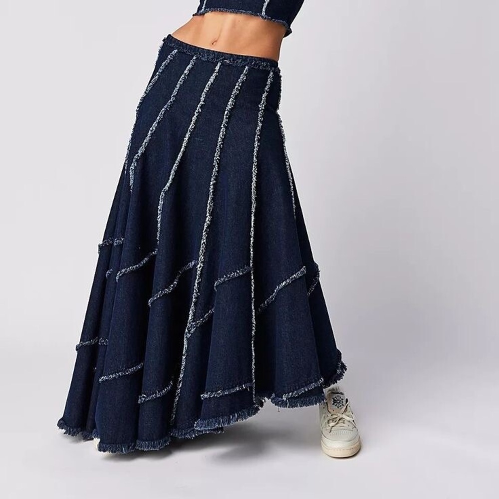 Free People FP One Safia Indigo Denim Distressed Seamed High Rise Maxi Skirt